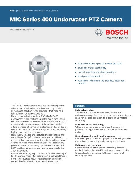 MIC Series 400 Underwater PTZ Camera - Bosch Security Systems