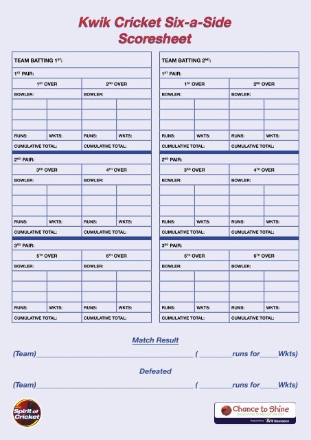 Kwik Cricket Six A Side Scoresheet Kwik Cricket Six A Side