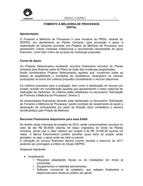 Fomento ÃƒÂ  Melhoria de Processos - Edital - Unicamp