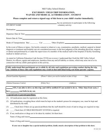 Student Field Trip Medical Authorization Form - Mill Valley School ...