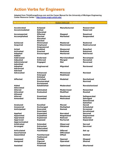 Action words for your Engineering Resume - Career Services