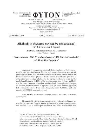 Alkaloids in Solanum torvum Sw (Solanaceae) - Phyton