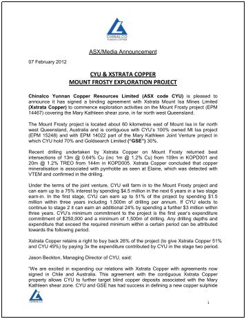 Mount Frosty Project Joint Venture with Xstrata Copper - Goldsearch