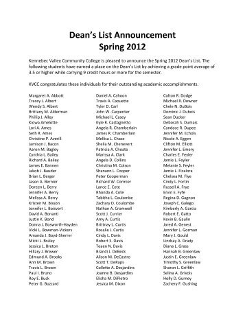 Dean's List Announcement Spring 2012 - Kennebec Valley ...