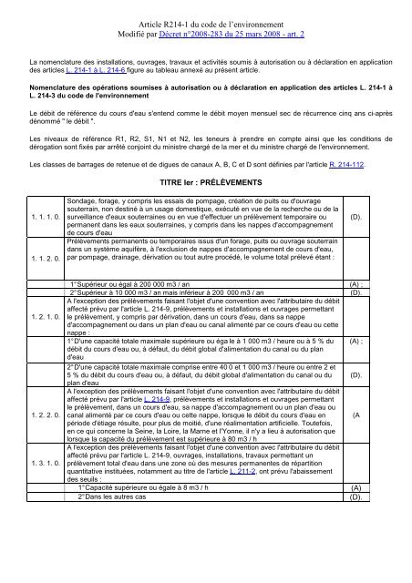 Nomenclature Eau - Art R214-1 du code l'environnement