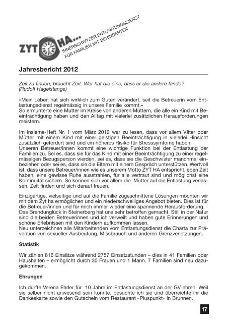 JubilÃ¤ums-Jahresbericht 2012 Â«40 Jahre insieme InnerschwyzÂ»