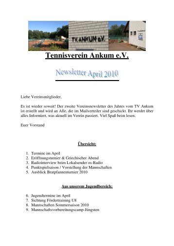 Vereinsnewsletter April 2010 - Tennisverein Ankum e.V.