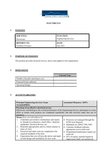 ELECTRICIAN 1. POSITION JOB TITLE Electrician FUNCTION ...
