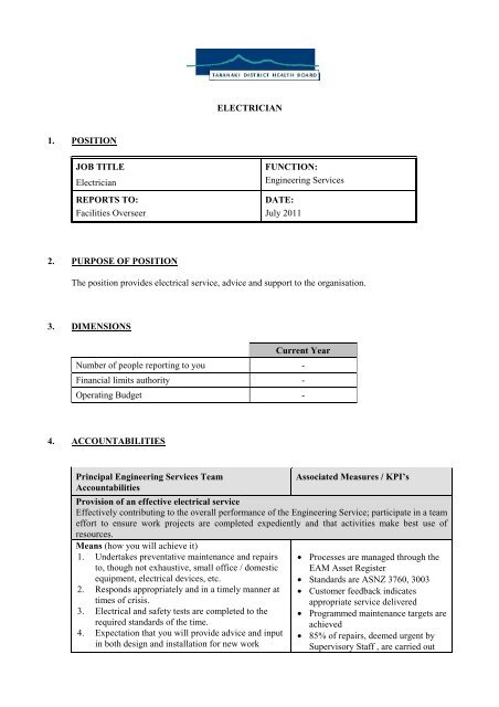 ELECTRICIAN 1. POSITION JOB TITLE Electrician FUNCTION ...