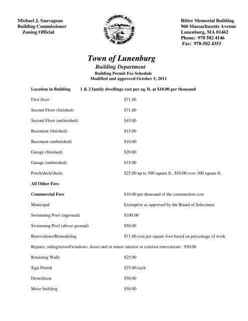 Building Dept Permit Fee Schedule - Town of Lunenburg