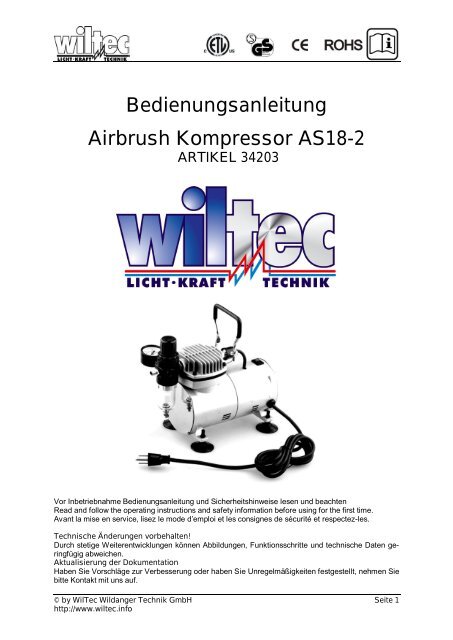 Bedienungsanleitung Airbrush Kompressor AS18-2 - WilTec