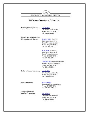 IMC Group Department Contact List