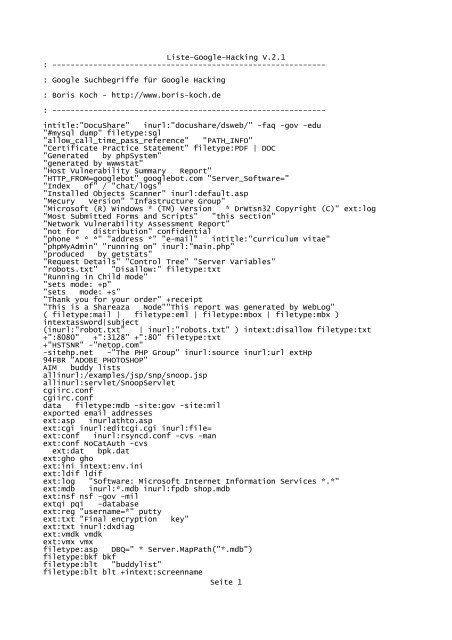 Liste-Google-Hacking V.2.1 ... - Boris Koch