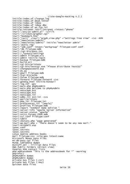Liste-Google-Hacking V.2.1 ... - Boris Koch
