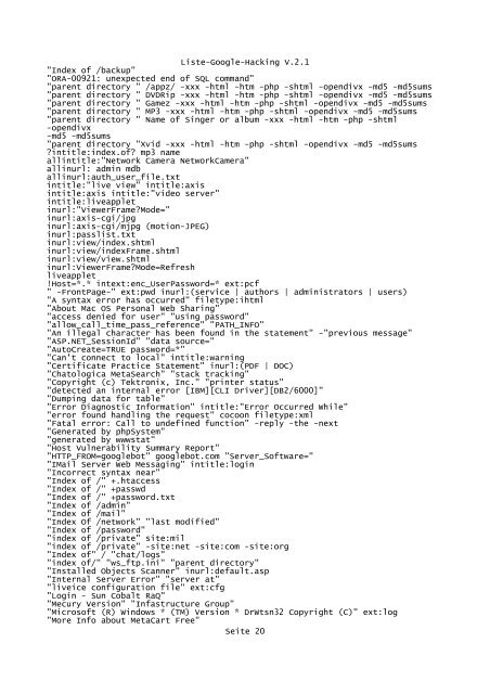 Liste-Google-Hacking V.2.1 ... - Boris Koch