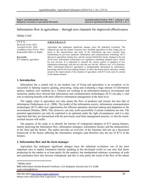 The issue in pdf format, Vol 1, No 2 - Journal of Agricultural Informatics