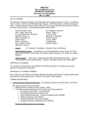 minutes board of trustees may 13, 2002 - College of The Albemarle