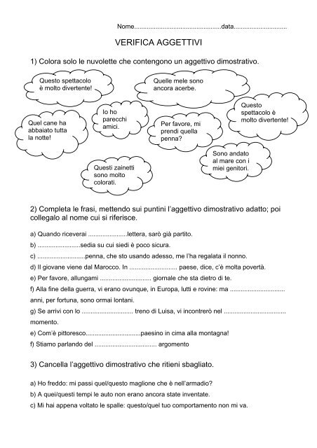 Verifica aggettivi dimostrativi e interrogativi - Maestra Sabry