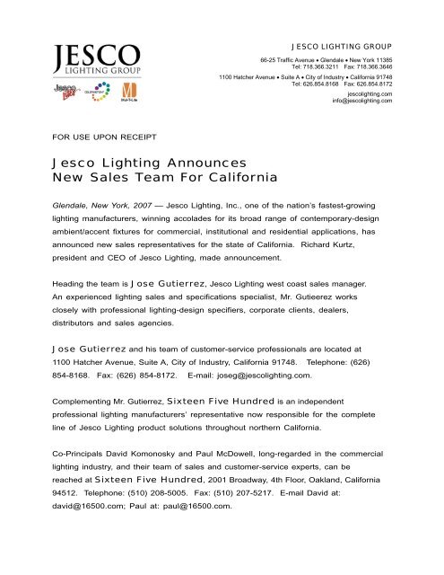 Jesco Lighting Announces New Sales Team For California