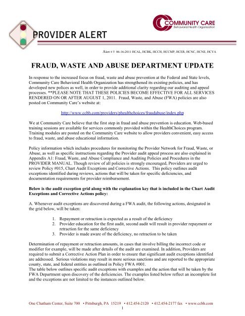 fraud, waste and abuse department update - Community Care ...