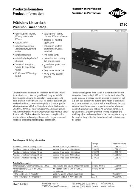 PrÃ¤zisions-Lineartisch Precision Linear Stage LT 80 ... - Trioptics