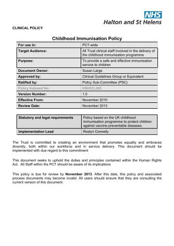 Childhood Immunisation Policy - Halton and St Helens PCT
