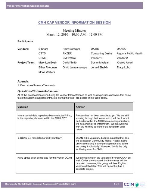 Vendor teleconference meeting minutes - March 12, 2010 - CCIM