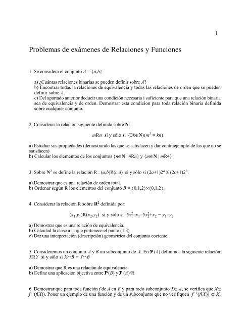 Problemas de exámenes de Relaciones y Funciones