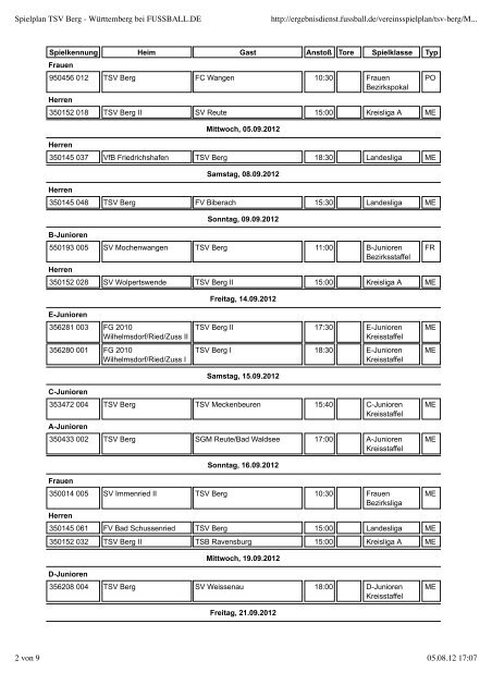Mannschafts- und Vereins-Spielplan - TSV Berg 1959 eV
