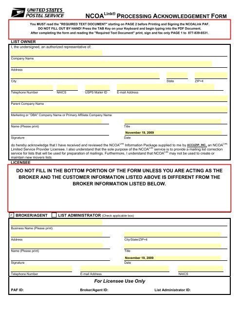 PROCESSING ACKNOWLEDGEMENT FORM - AccuZIP