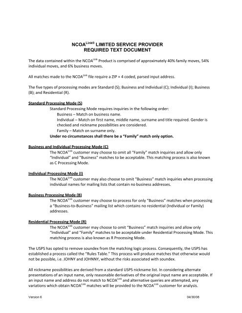 Process Acknowledgement Form NCOA Link® LIMITED SERVI