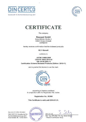 Certificate DIN CERTCO biobased RE-Y-STONE - Resopal