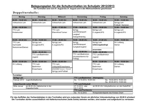 Belegungsplan für die Schulturnhallen im Schuljahr 2012 ... - TTC Lam