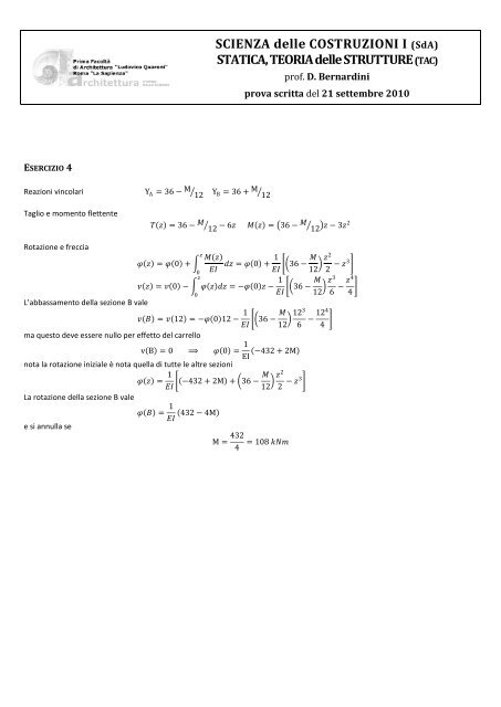 SCIENZA delle COSTRUZIONI I (SdA) STATICA, TEORIA delle ...