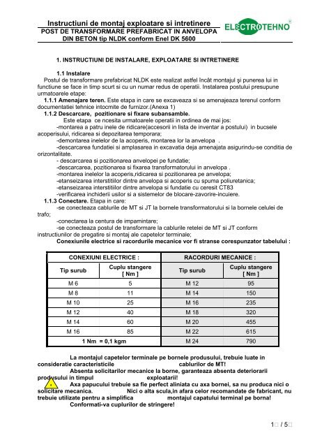 Instructiuni montare post trafo NLDK - Electrotehno