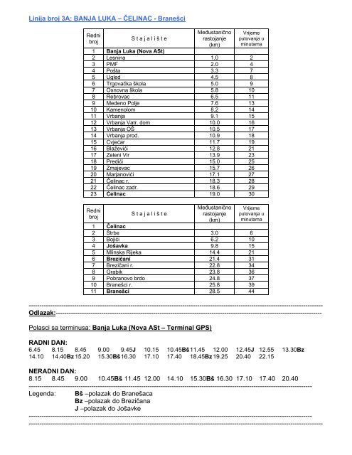 Linija broj 3A: BANJA LUKA â ÄELINAC - BraneÅ¡ci - Autoprevoz ...