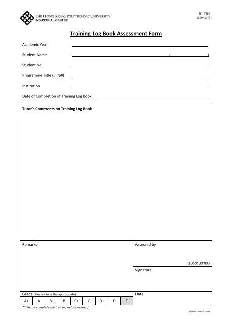 Training Log Book Assessment Form (IC-T04)