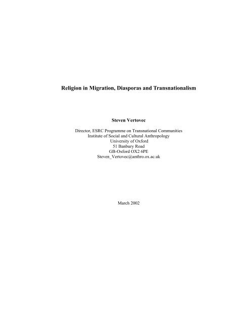 Religion in Migration, Diasporas and Transnationalism - Metropolis BC