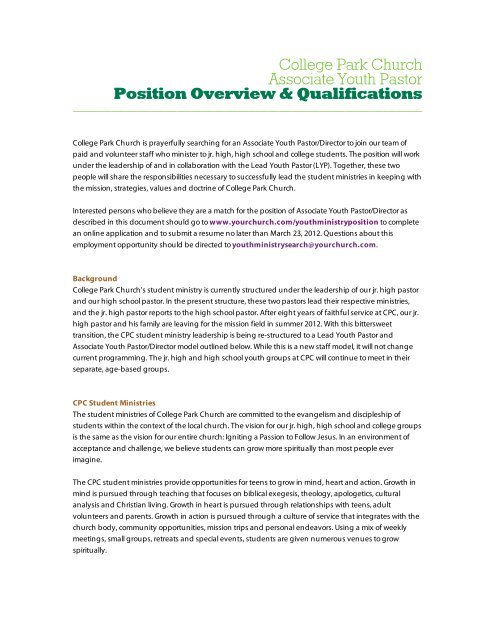 College Park Church Associate Youth Pastor Position Overview ...