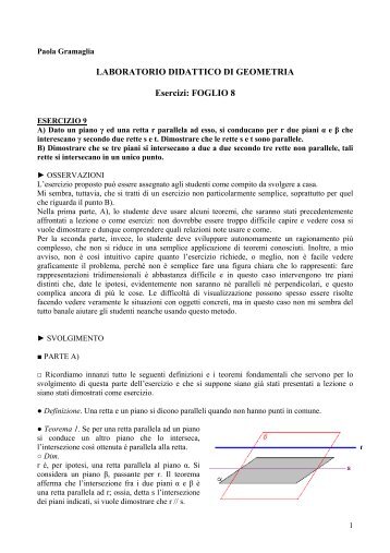 LABORATORIO DIDATTICO DI GEOMETRIA Esercizi: FOGLIO 8