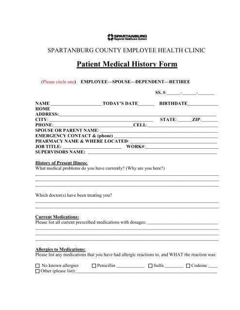 Patient Medical History Form - Spartanburg County