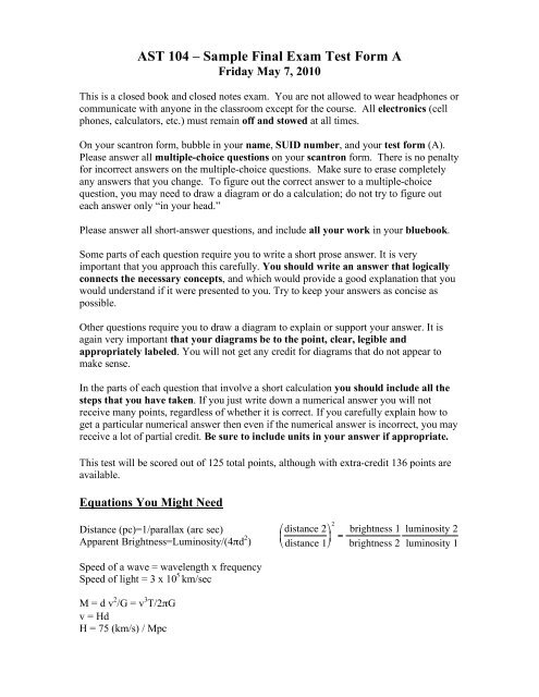 Ast 104 A Sample Final Exam Test Form A Physics