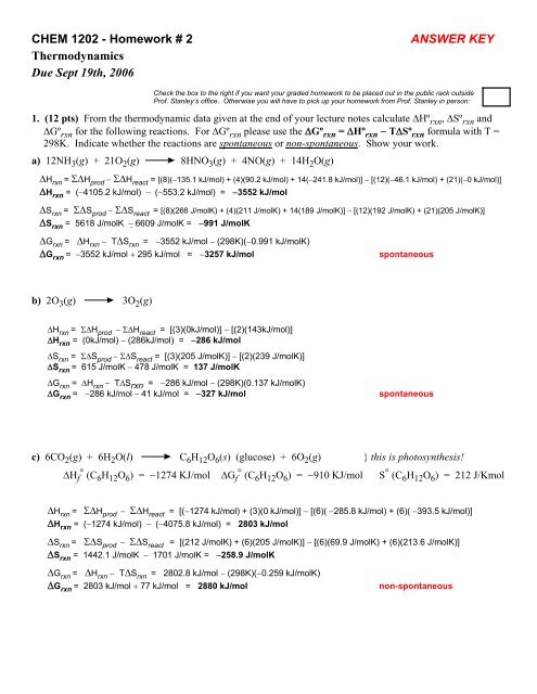 CHEM 1202 - Homework # 2 ANSWER KEY Thermodynamics Due ...