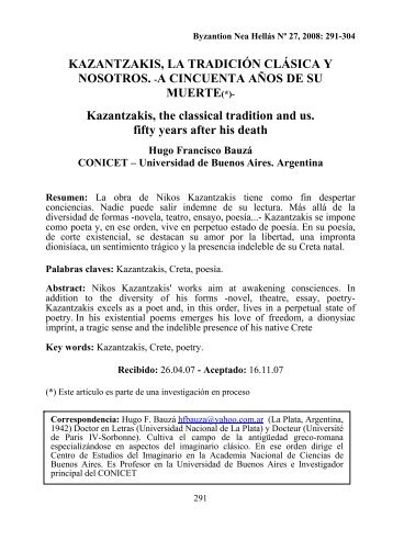 KAZANTZAKIS, LA TRADICIÃN CLÃSICA Y ... - Historia Antigua