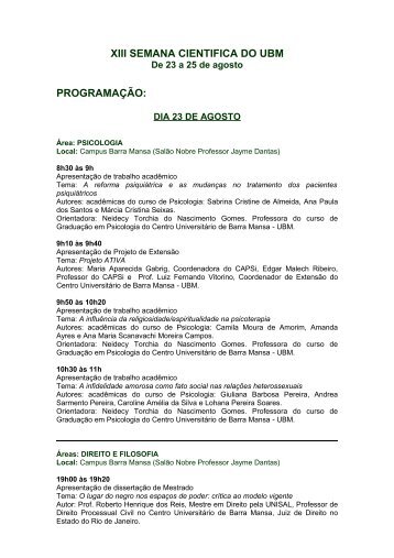 PROGRAMAÃÃO DA XIII SEMANA CIENTIFICA - UBM