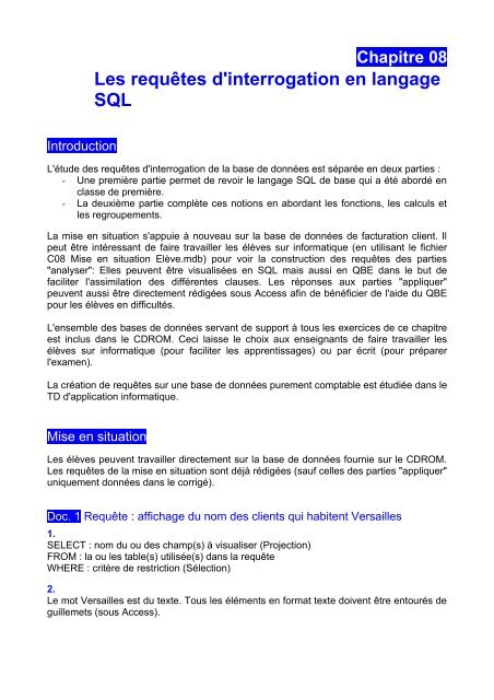 Chapitre 08 Les requÃªtes d'interrogation en langage SQL