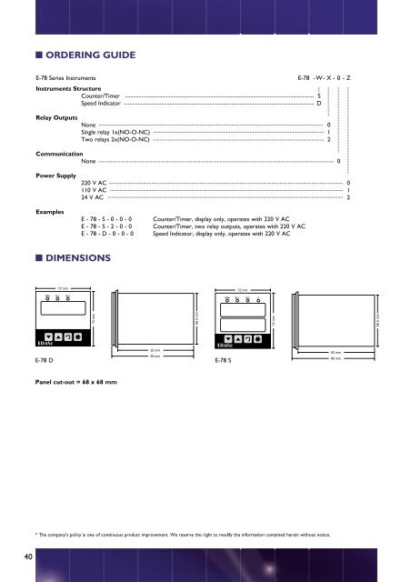 E-78 Series Timer/Counter & Speedindicator - Elimko