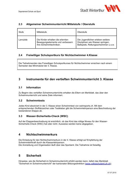 2 Lernziele im Schwimmunterricht - Sportamt Winterthur