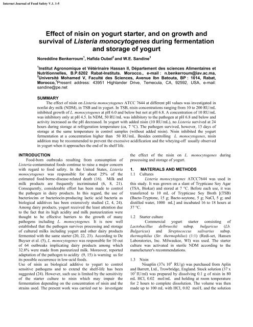 Effect of nisin on yogurt starter, and on growth and survival of ...