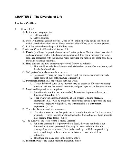 CHAPTER 3â The Diversity of Life Lecture Outline
